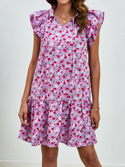 Tied Floral Cap Sleeve Mini Dress.