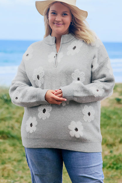 Gray floral embroidered plus size sweater