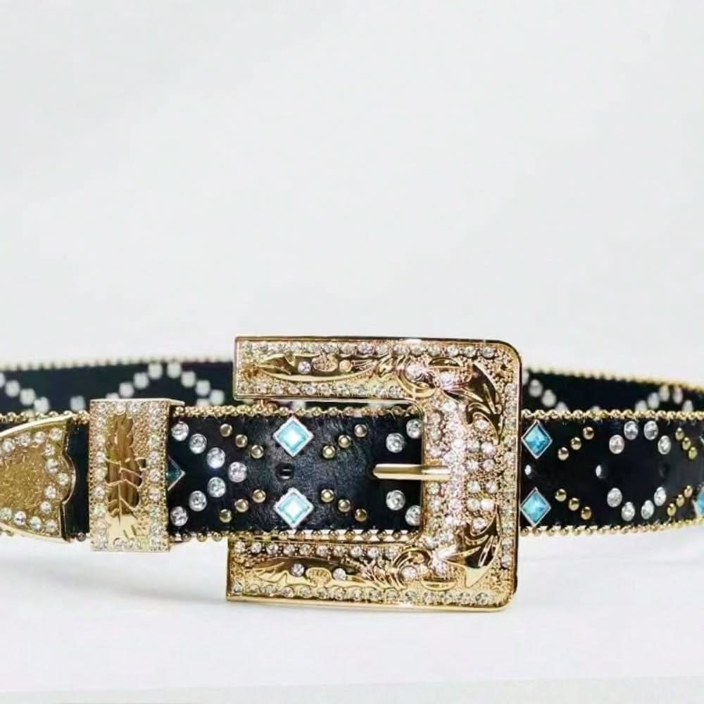 Rhinestone-embellished PU leather belt