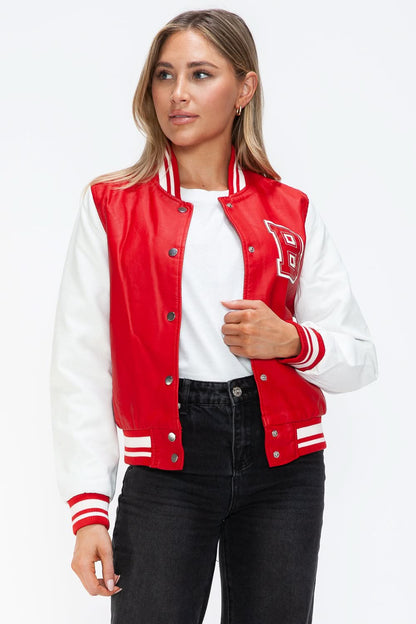 Love Me Now PU Leather Contrast Snap Down Bomber Jacket