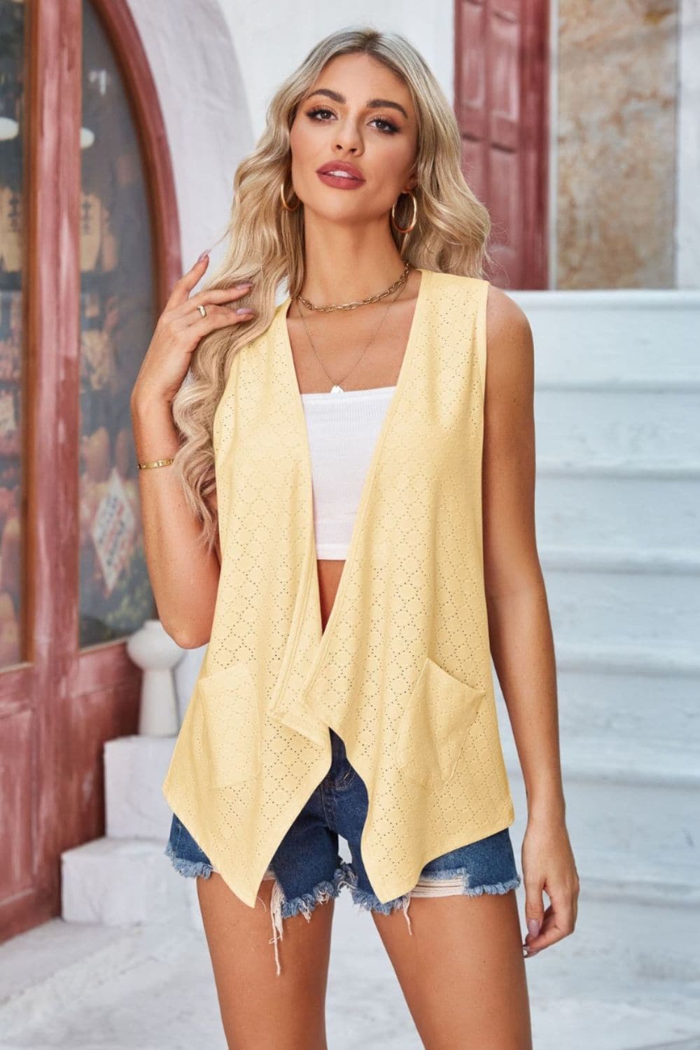 Eyelet Open Front Sleeveless Cardigan.