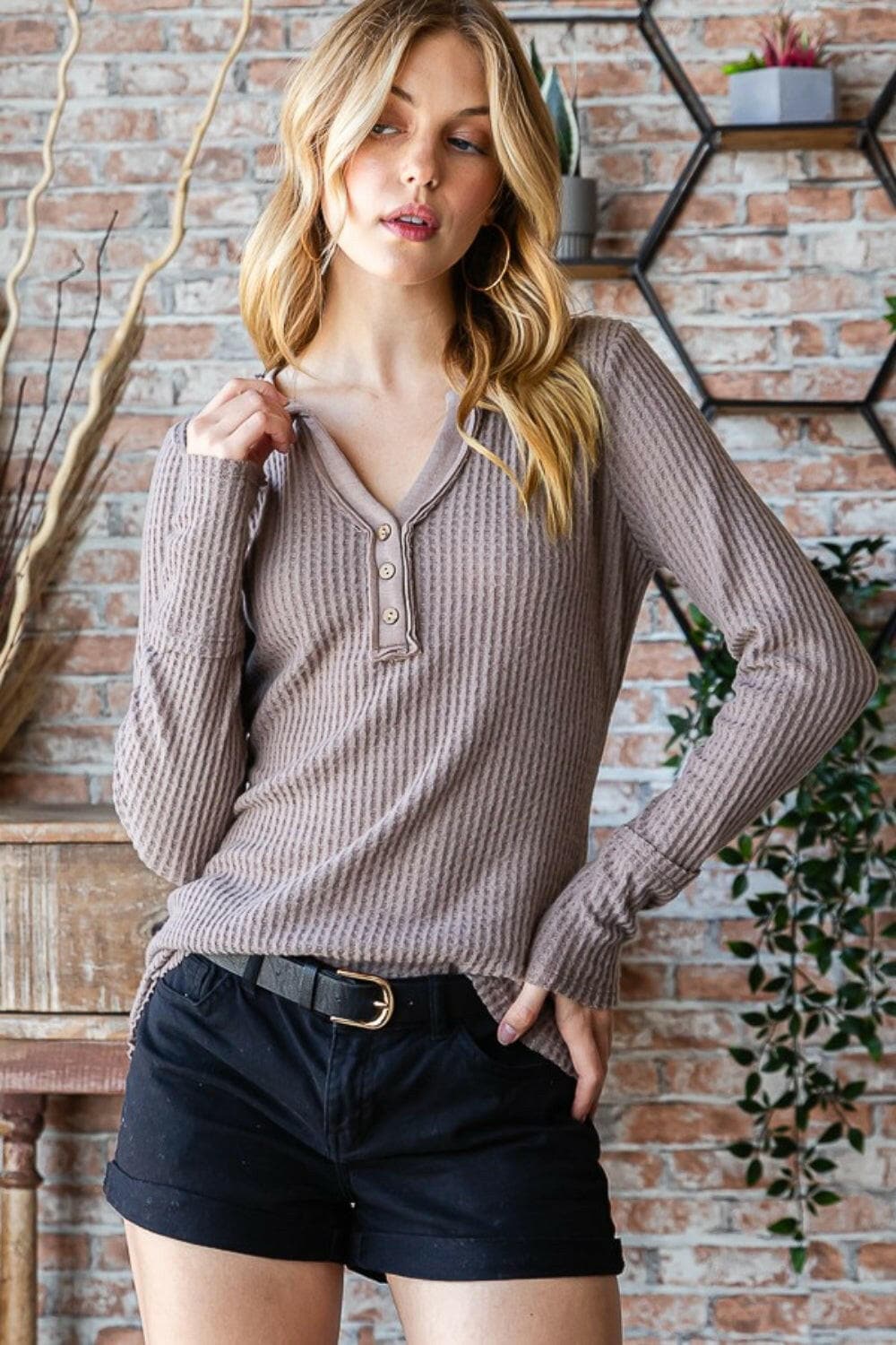 Reborn J Waffle Knit Notched Long Sleeve Top.