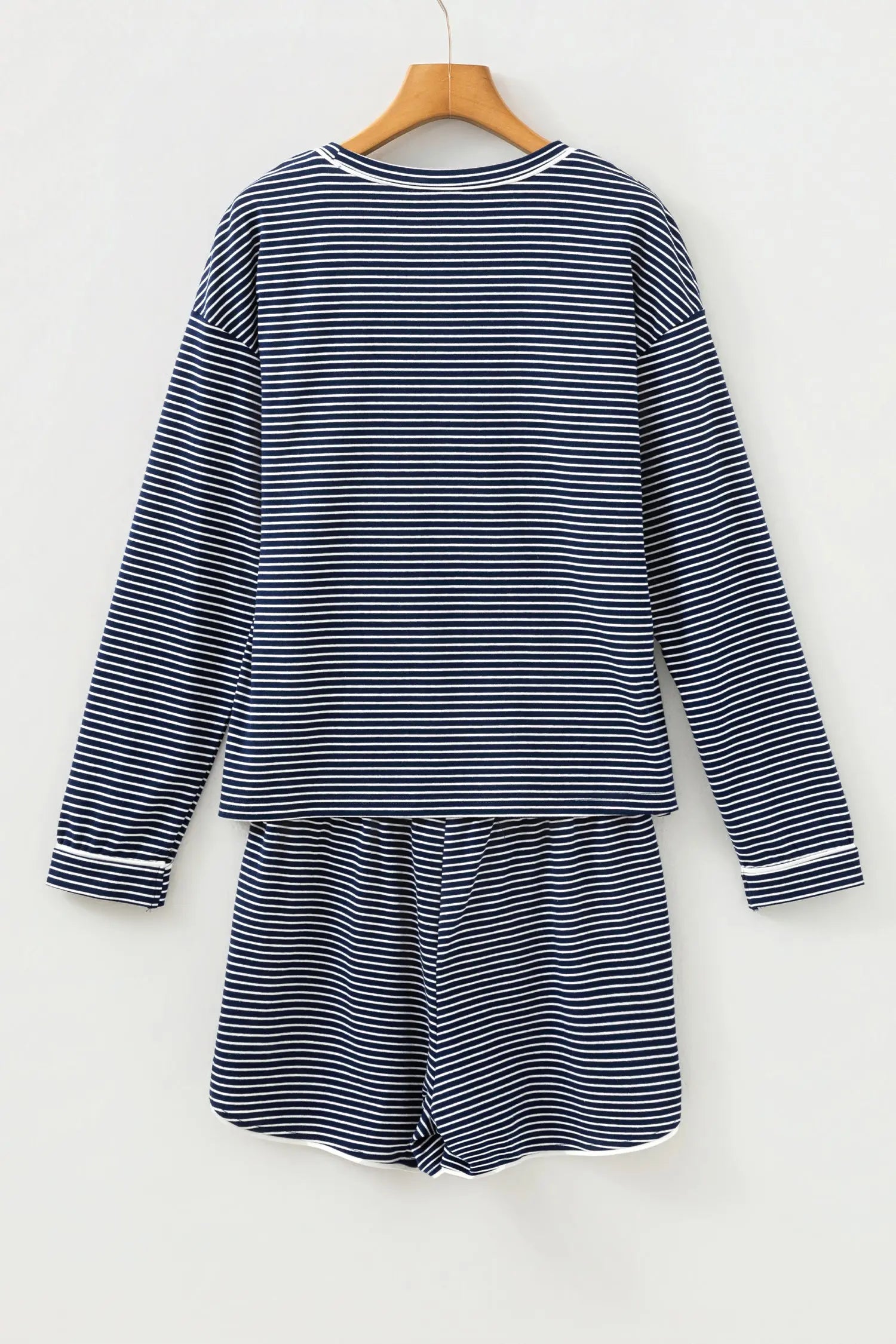 Blue Stripe Drop Shoulder Long Sleeve Tee And Buttoned Shorts Lounge Set 2pcs Dear-Lover Dropshipping