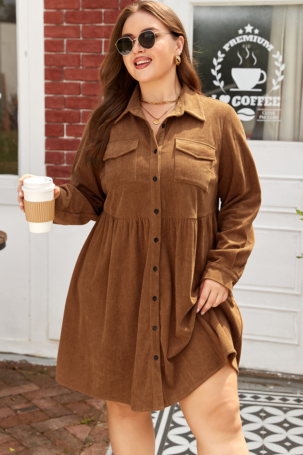 Camel Corduroy Button Down Shirt Style Plus Size Dress Dear-Lover Dropshipping