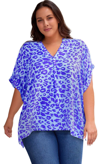 Plus Size Printed Notched Neck Half Sleeve Top.