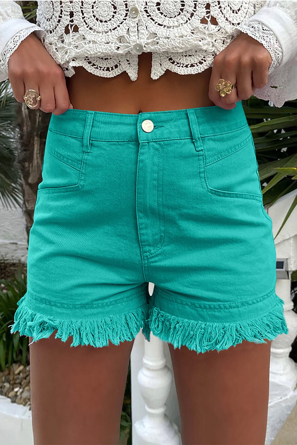 Raw Hem High Waist Denim Shorts.