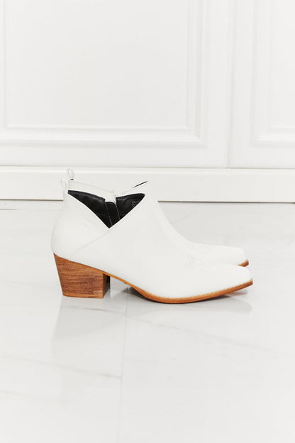 MMShoes Trust Yourself Embroidered Crossover Cowboy Bootie in White.