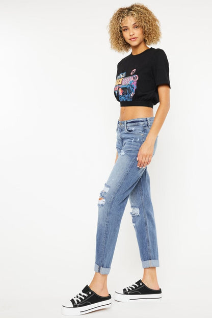 Kancan Mid Rise Distressed Straight Jeans.