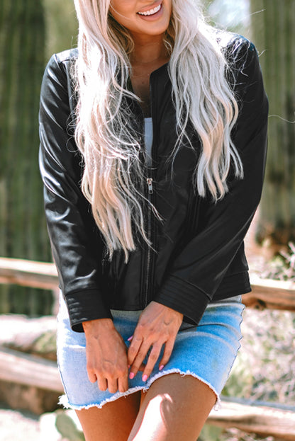 Sleek black faux leather bomber jacket