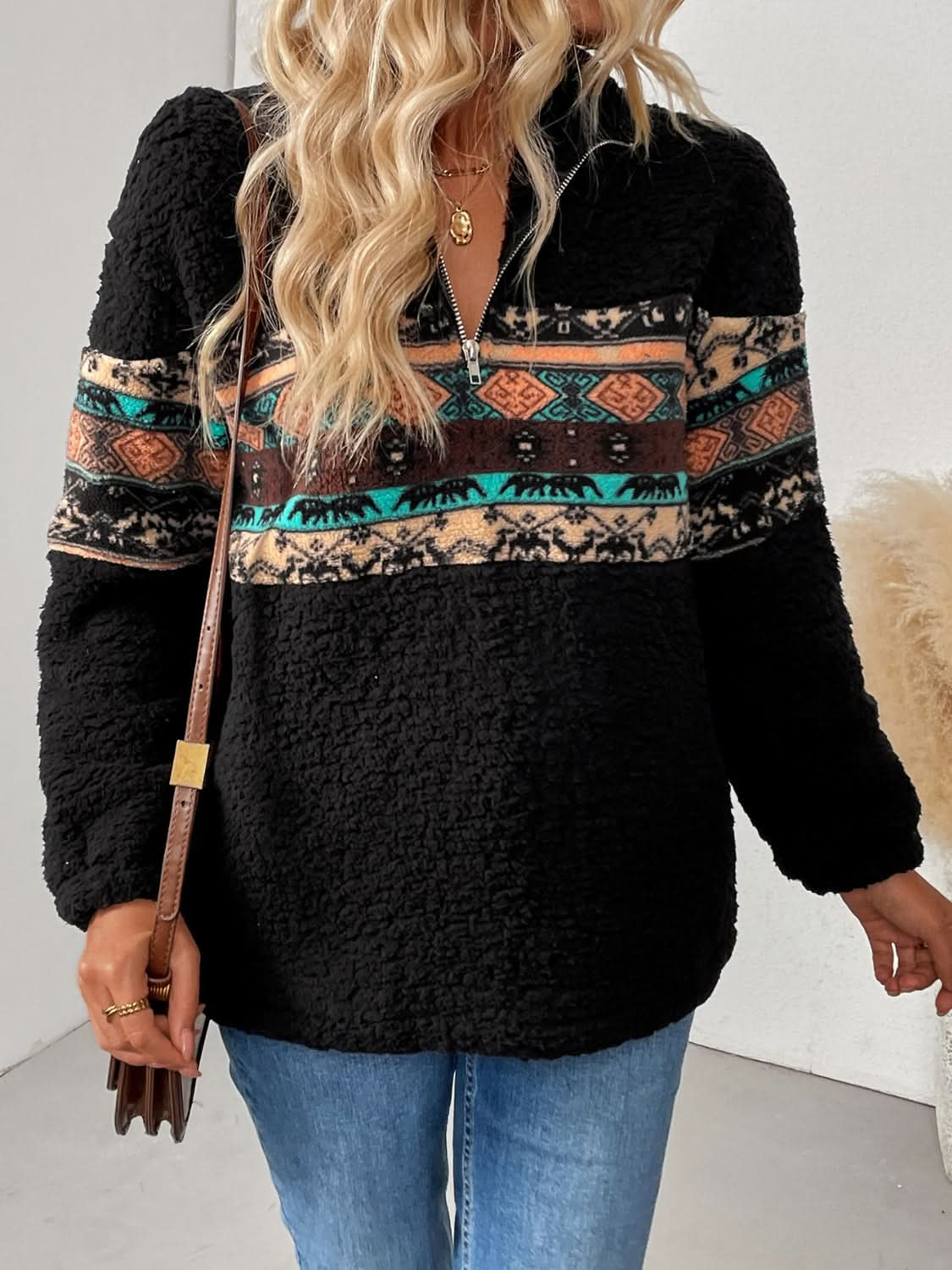 Geometric pattern quarter zip long sleeve pullover