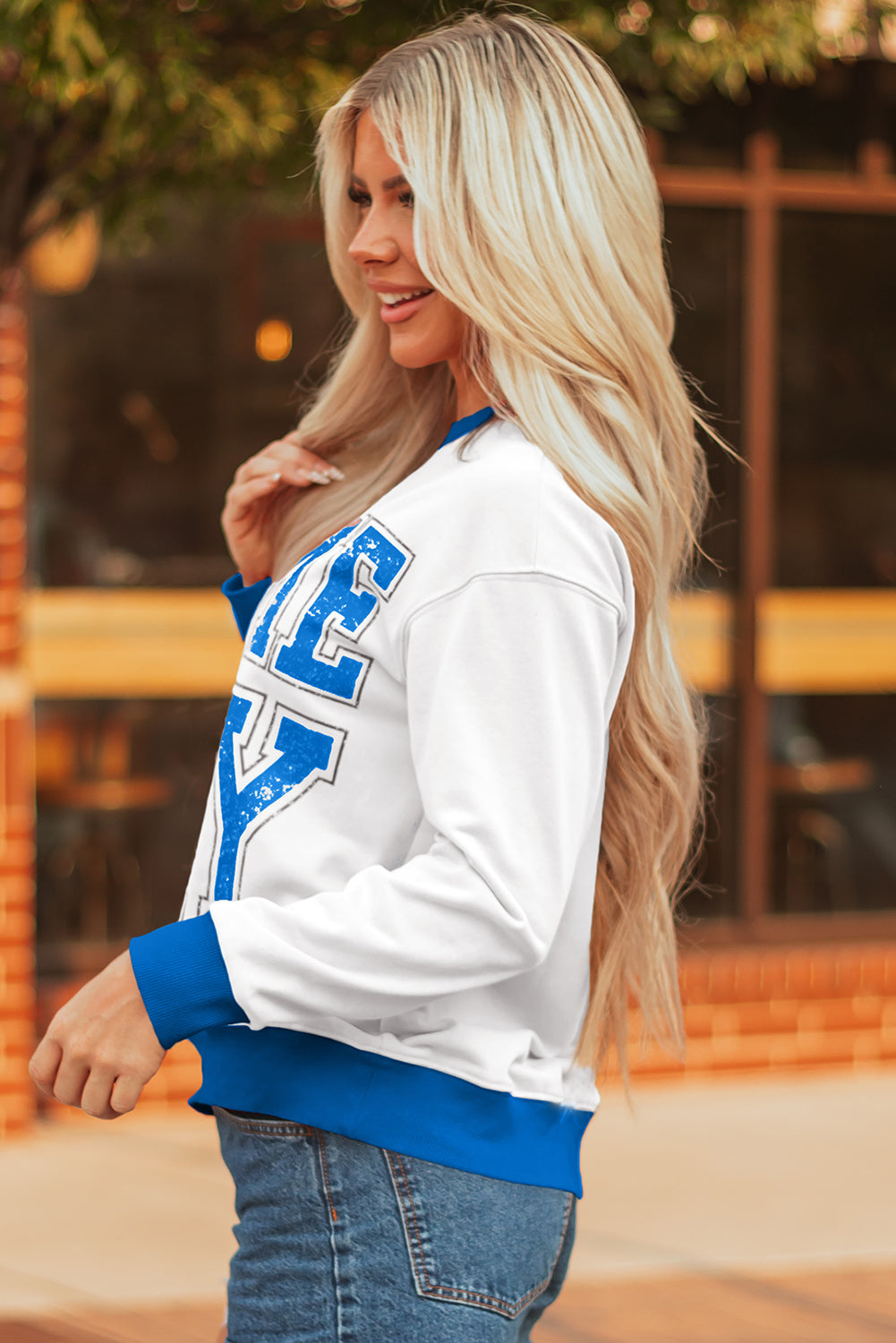 White Game Day Letter Graphic Varsity Striped Sweatshirt