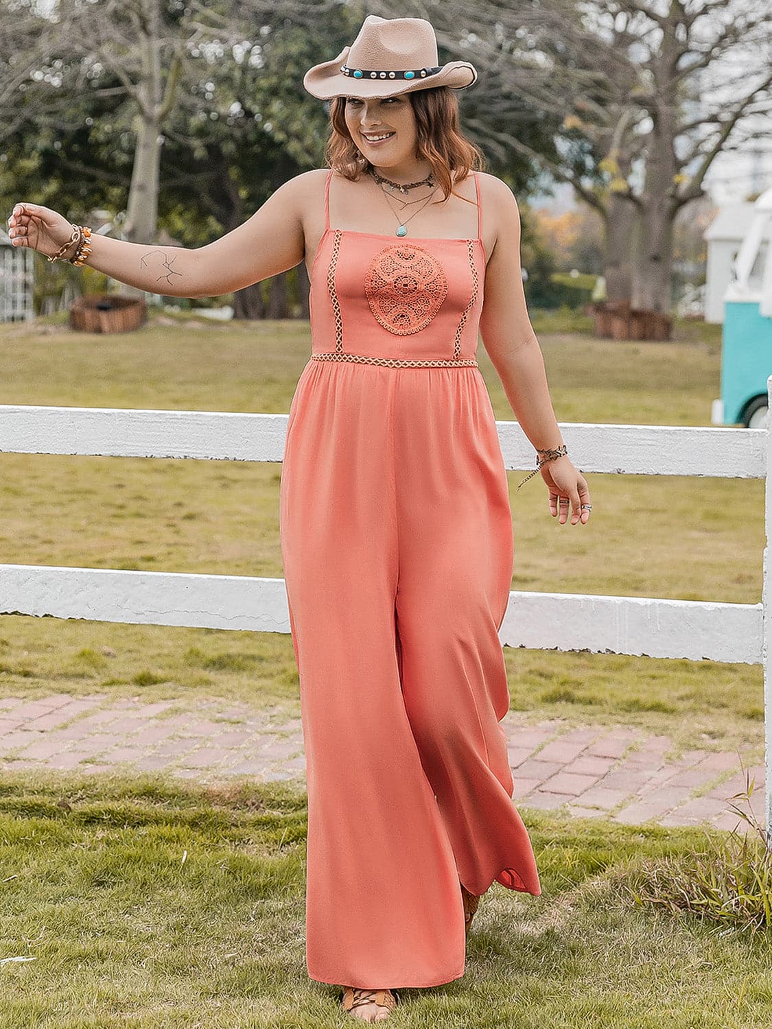 Plus Size Lace Detail Spaghetti Strap Wide Leg Jumpsuit.