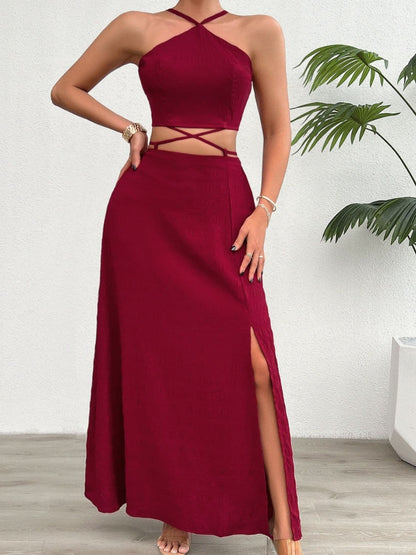 Grecian Neck Top and Slit Skirt Set.