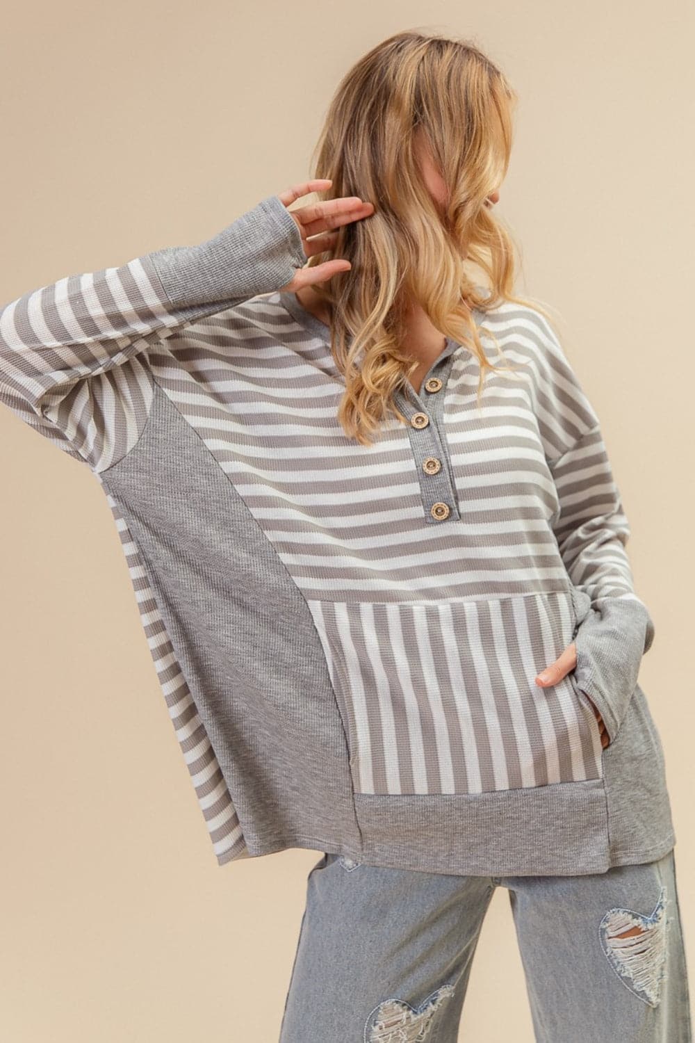 BiBi Striped Thumbhole Long Sleeve Top.