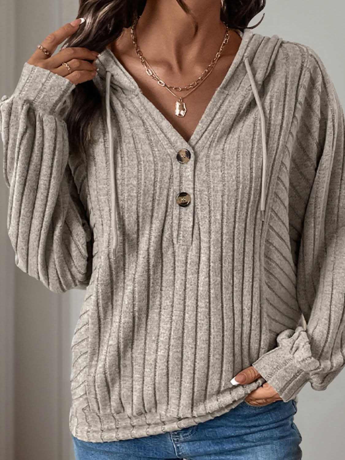 Perfee drawstring long sleeve hoodie with buttoned front in gray, featuring moderate stretch and ribbed texture.