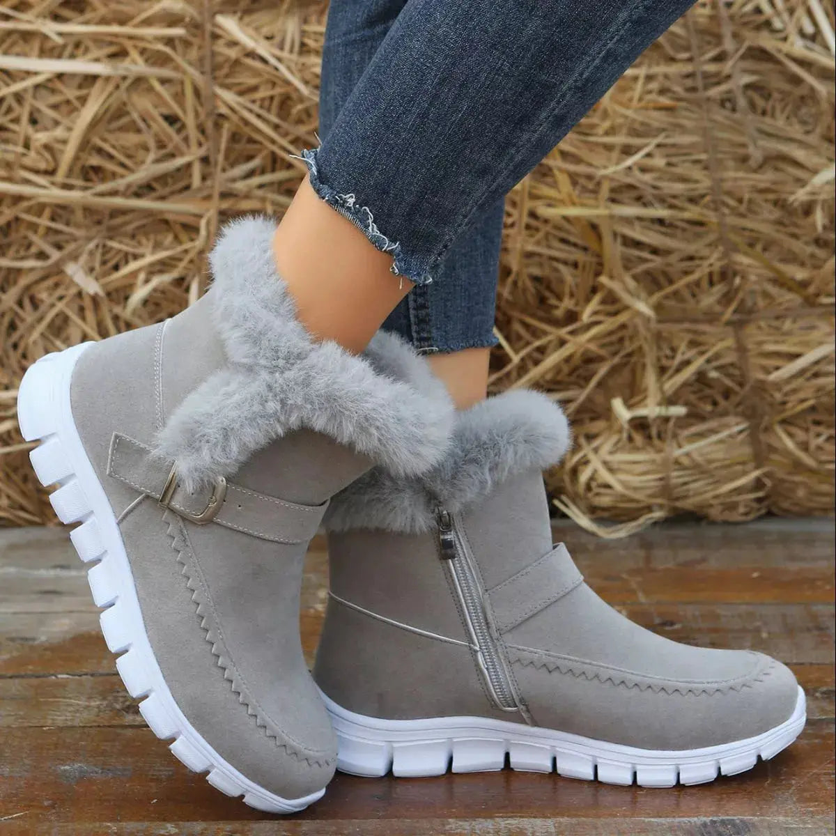 Fuzzy Trim Buckle Ankle Boots With Faux Fur Lining Simply Love