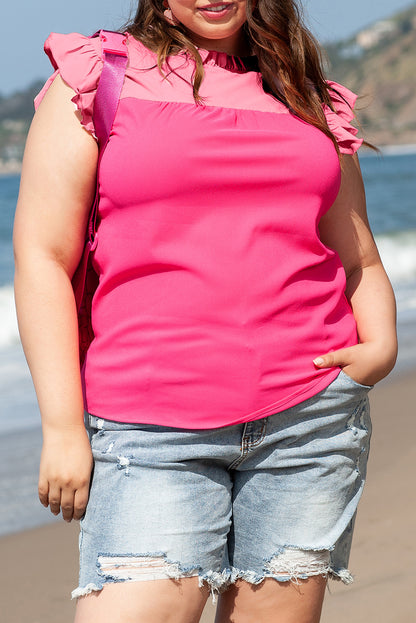 Strawberry pink frilled neck 2-tone patchwork plus size blouse