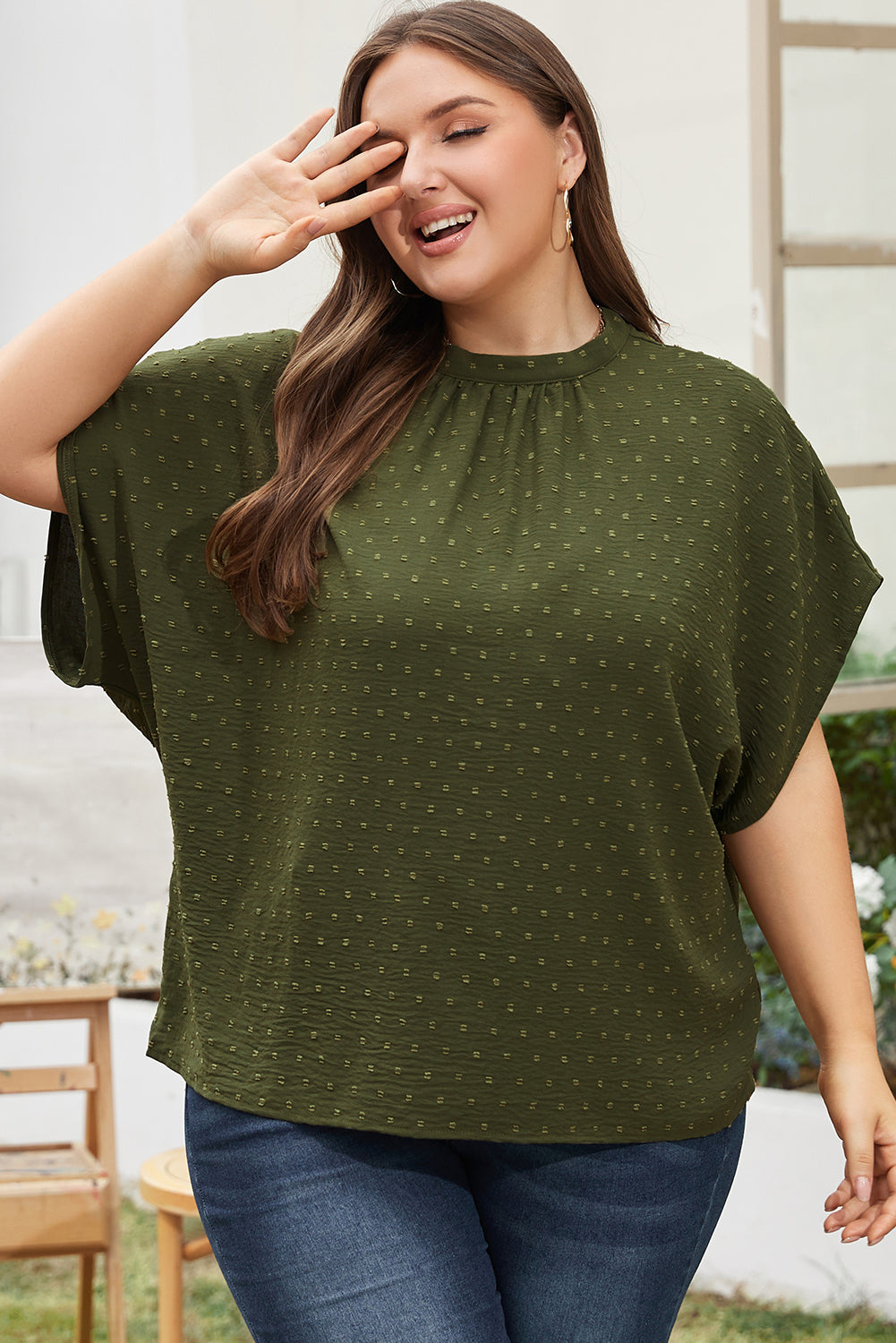 Moss green plus size swiss dot mock neck top with tie-back detail