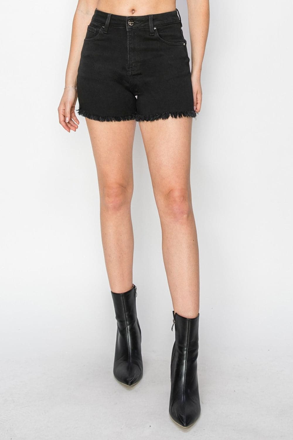 RISEN Full Size High Waist Raw Hem Denim Shorts.