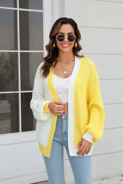 Open Front Contrast Color Balloon Sleeve Cardigan.