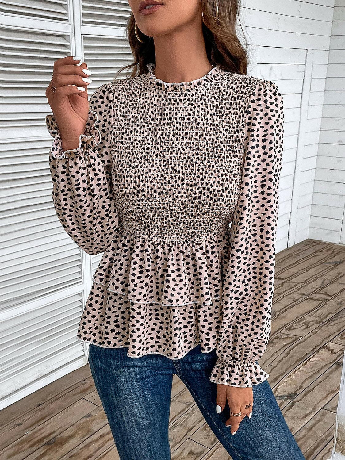 Printed Round Neck Smocked Flounce Sleeve T-Shirt.