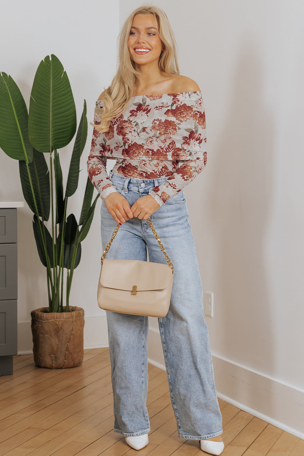 Pink Floral Printed Long Sleeve Sheath Bodysuit for Women