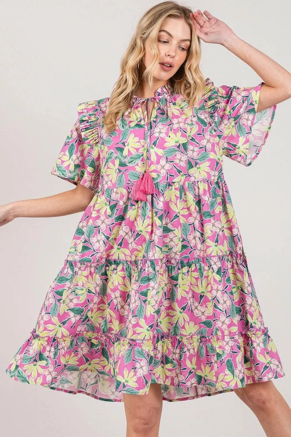 SAGE + FIG Floral Ruffle Short Sleeve Dress - Love Salve 