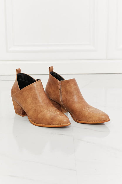 MMShoes Trust Yourself Embroidered Crossover Cowboy Bootie in Caramel.