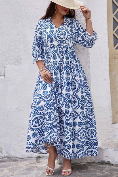 Sky blue geometric lace-up maxi dress with notch neck for plus sizes