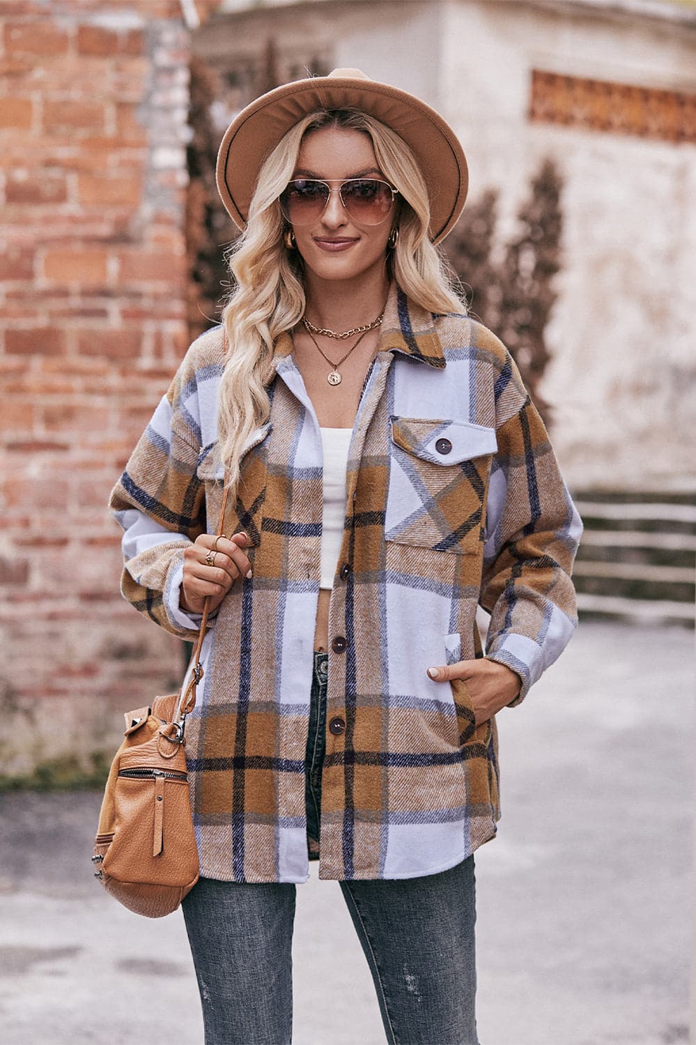 Plaid Long Sleeve Shirt Jacket with Pockets.