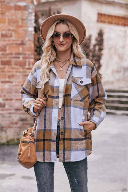 Plaid Long Sleeve Shirt Jacket with Pockets.