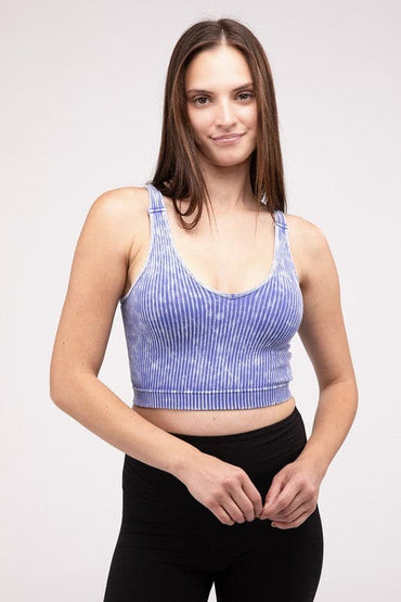 Washed Ribbed Cropped V-Neck Tank Top.