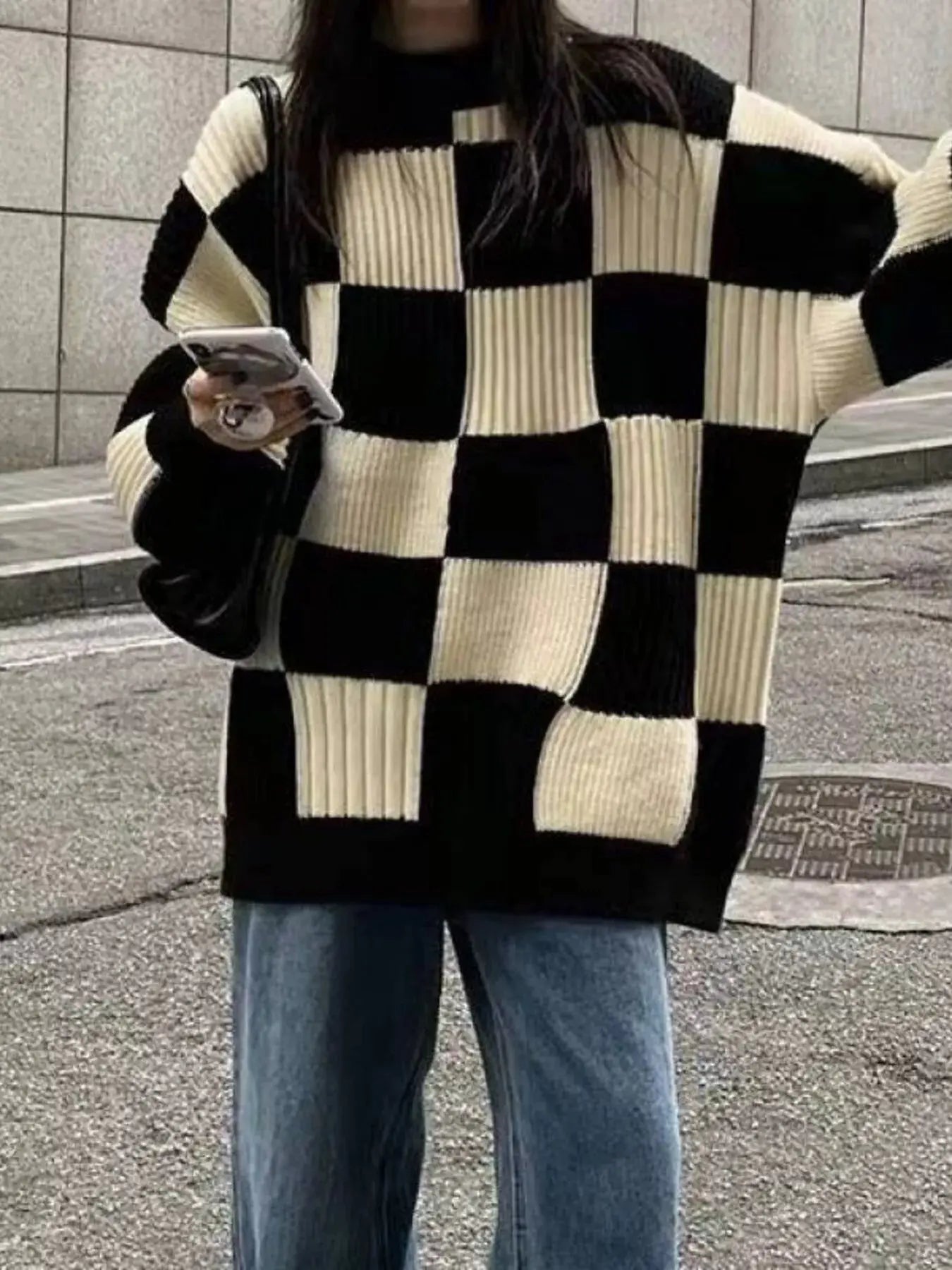 Checkerboard Pattern Oversized Sweater Simply Love