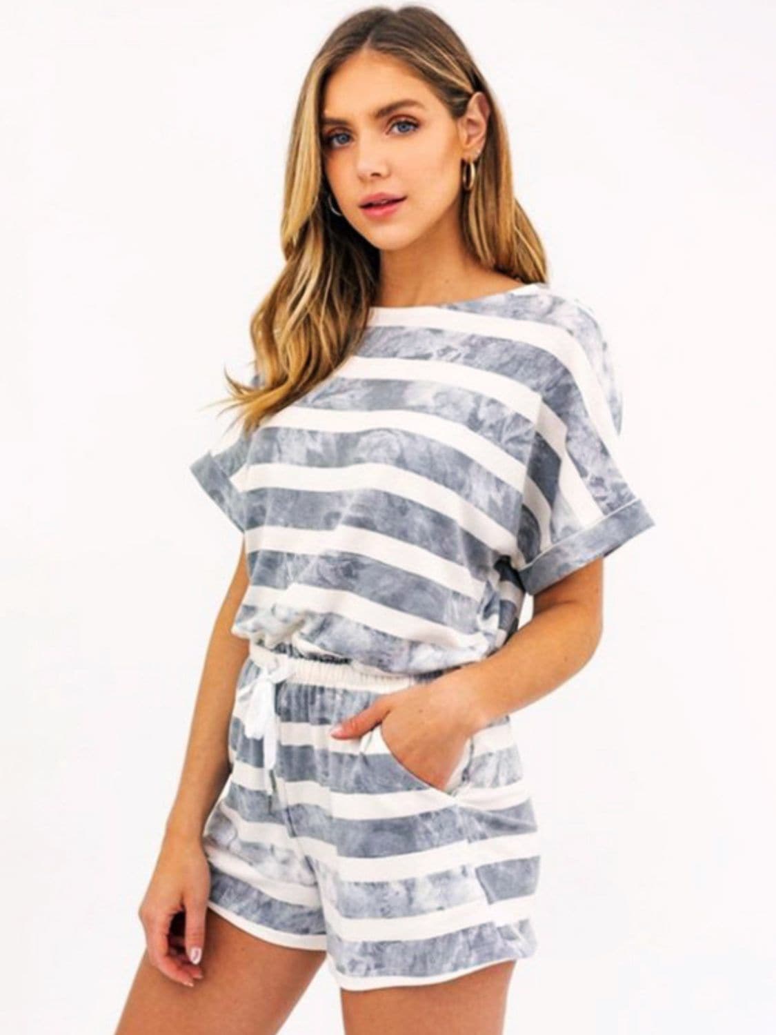 Striped Round Neck Top and Shorts Set.