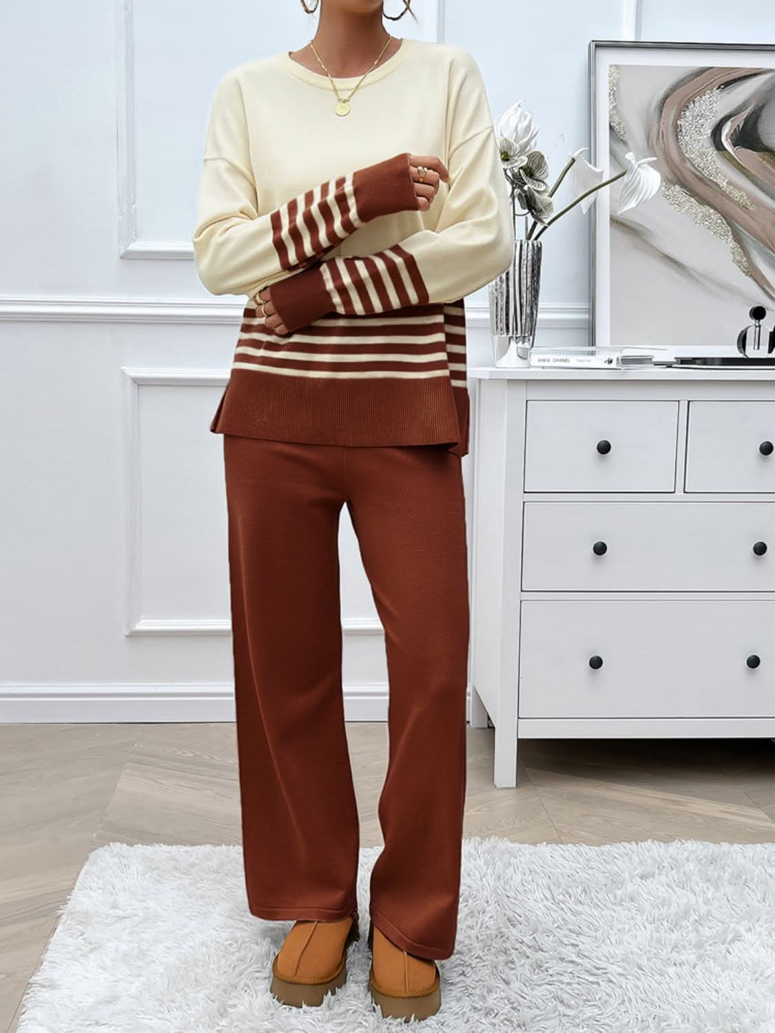 Chic striped sweater set with slit detail and round neck