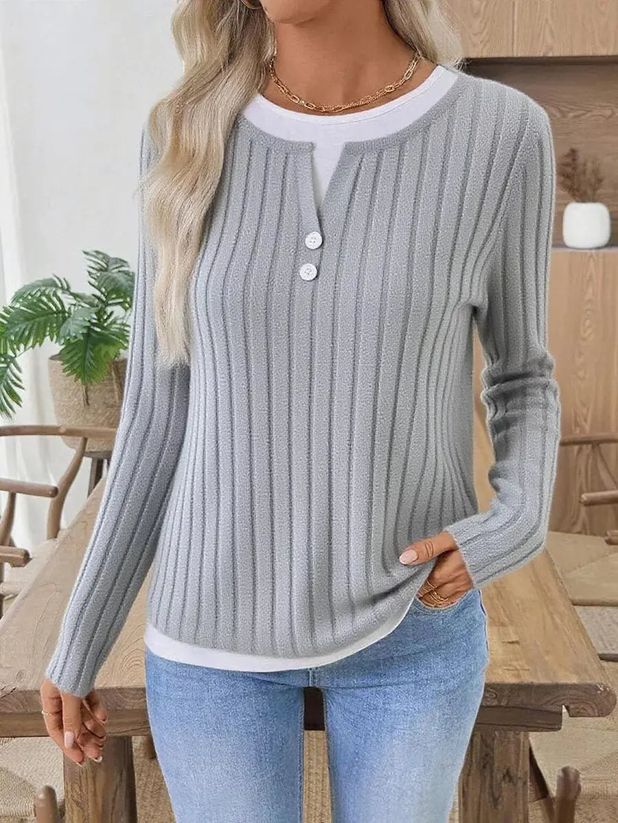 Ribbed Knit Long Sleeve Fake Two Piece T Shirt With Decorative Buttons Simply Love