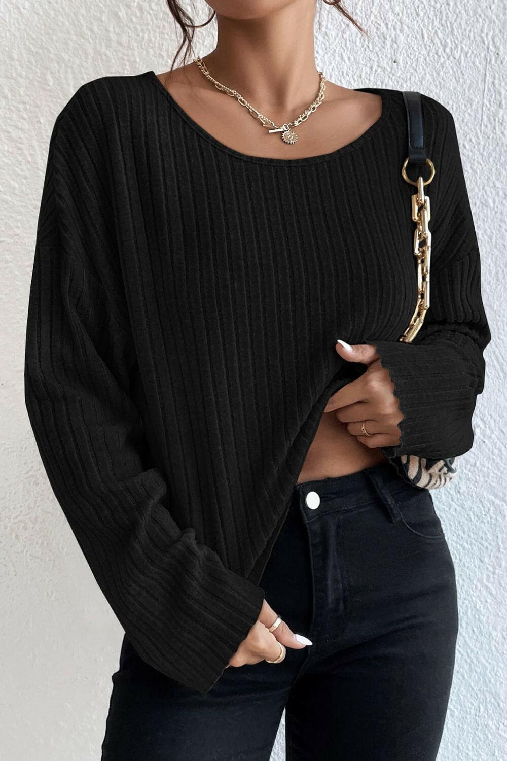 Ribbed Round Neck Drop Shoulder Long Sleeve Top.