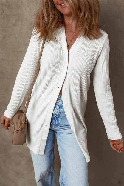 Chic White Ribbed Button-Up Long Sleeve Tunic Cardigan