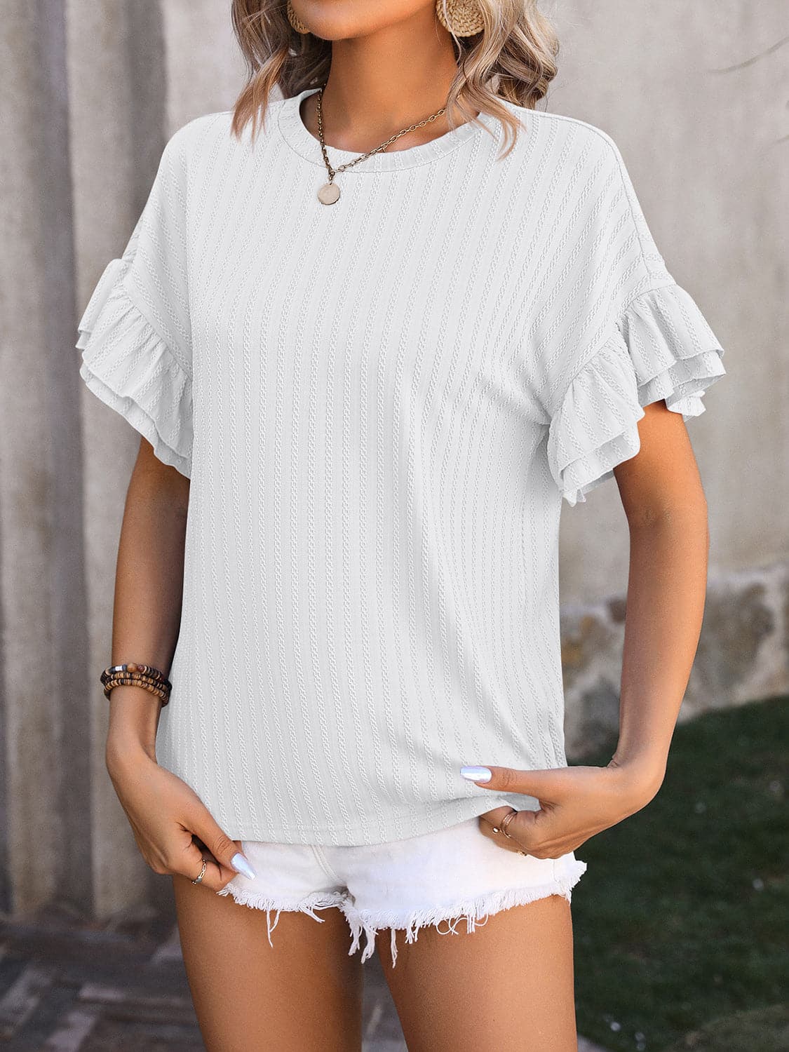 Ruffled Round Neck Short Sleeve Top.