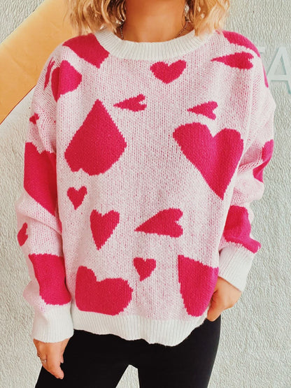 Charming heart-patterned long sleeve sweater