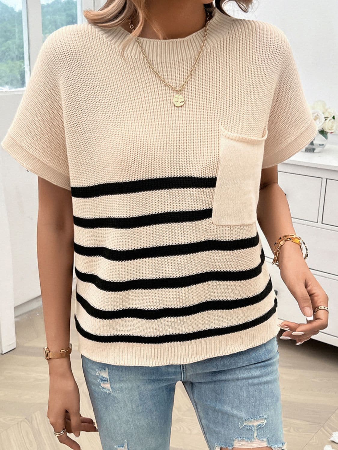 Striped Round Neck Short Sleeve Sweater.