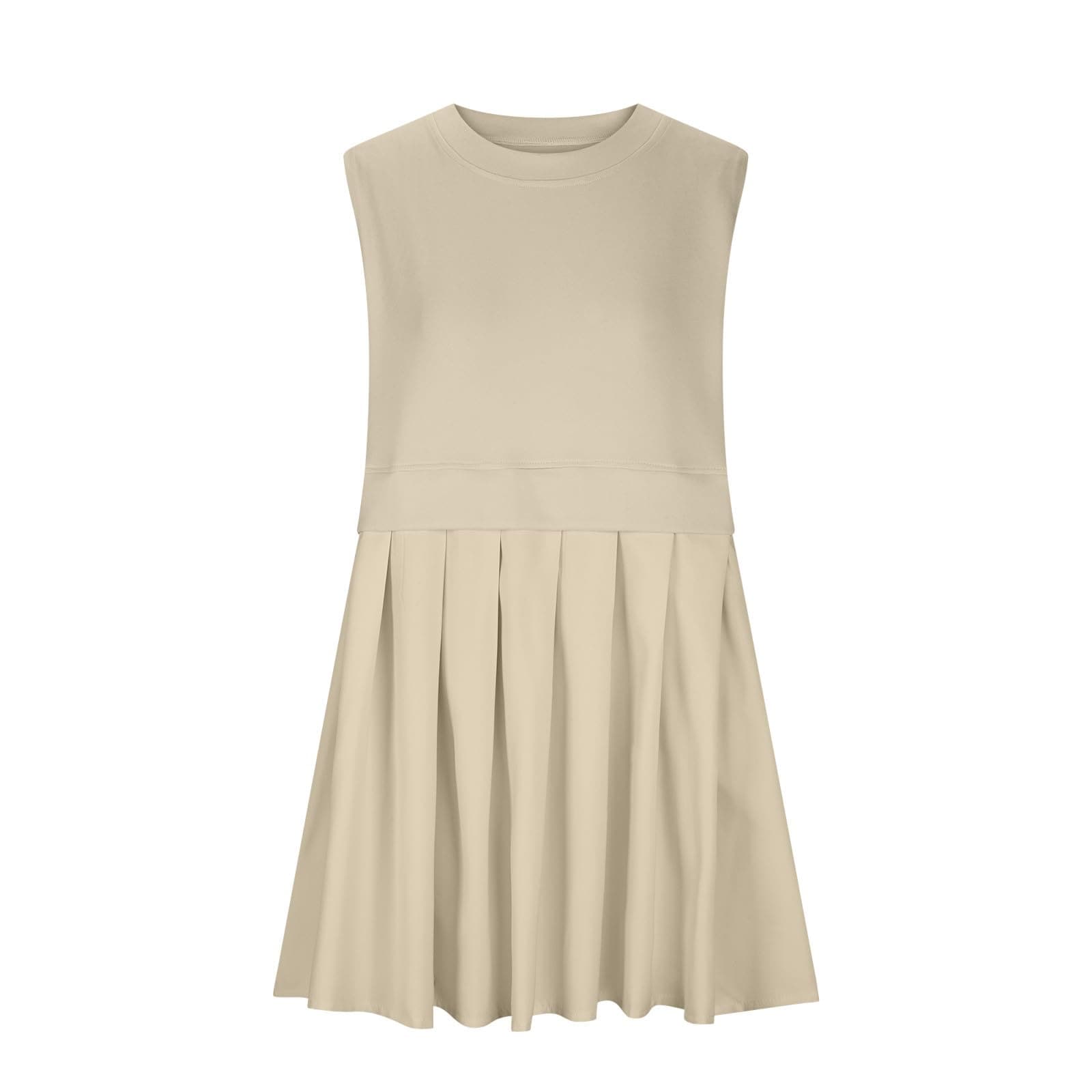 Pleated Round Neck Sleeveless Mini Dress.