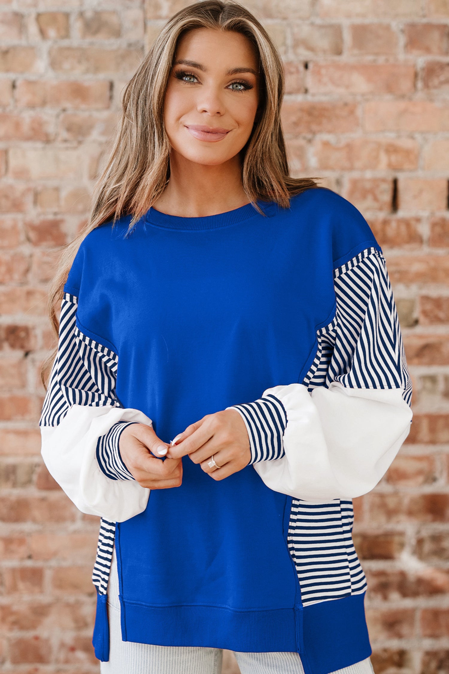 Dark Blue Striped Patchwork Sleeve Colorblock Sweatshirt Dear-Lover Dropshipping