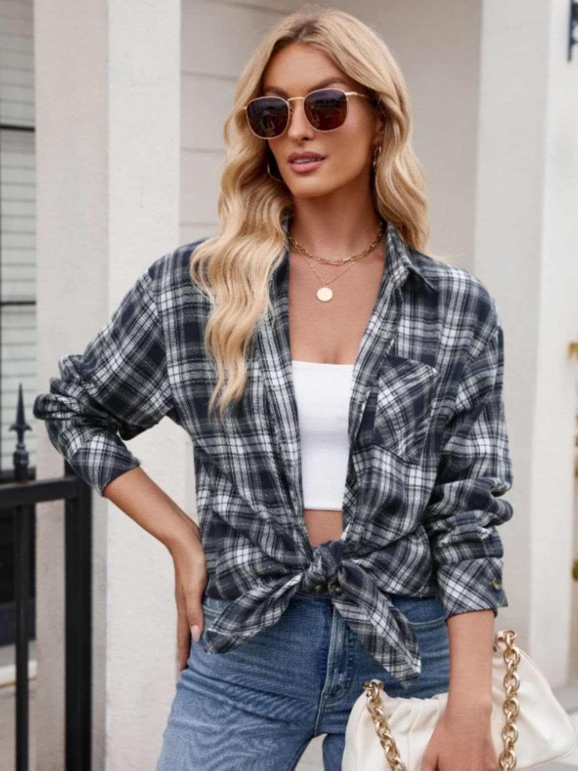 Pocketed Plaid Collared Neck Long Sleeve Shirt.