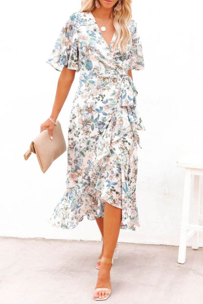 High-Low Printed Surplice Flutter Sleeve Midi Dress.