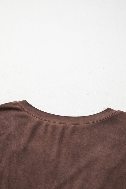 Chestnut Criss Cross V Neck Casual Tee with Unique Mineral Wash