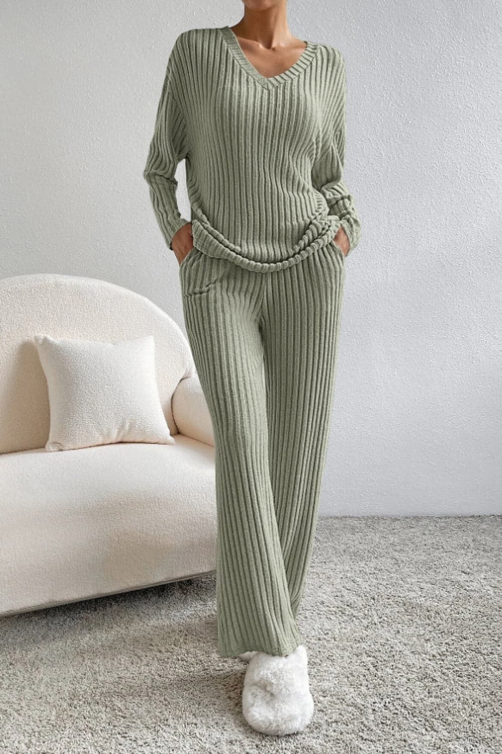 Ribbed V-Neck Top and Pants Set.