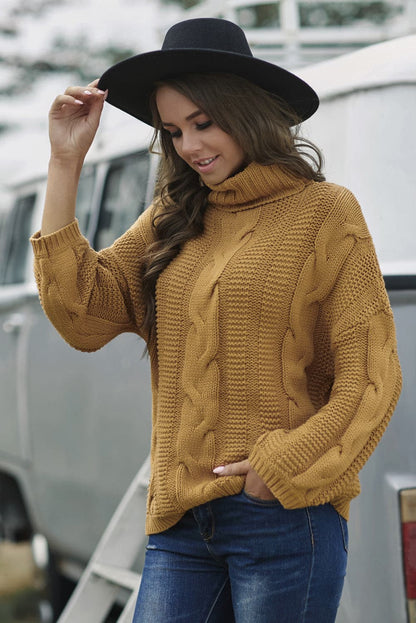 Cable-Knit Turtleneck Dropped Shoulder Sweater.