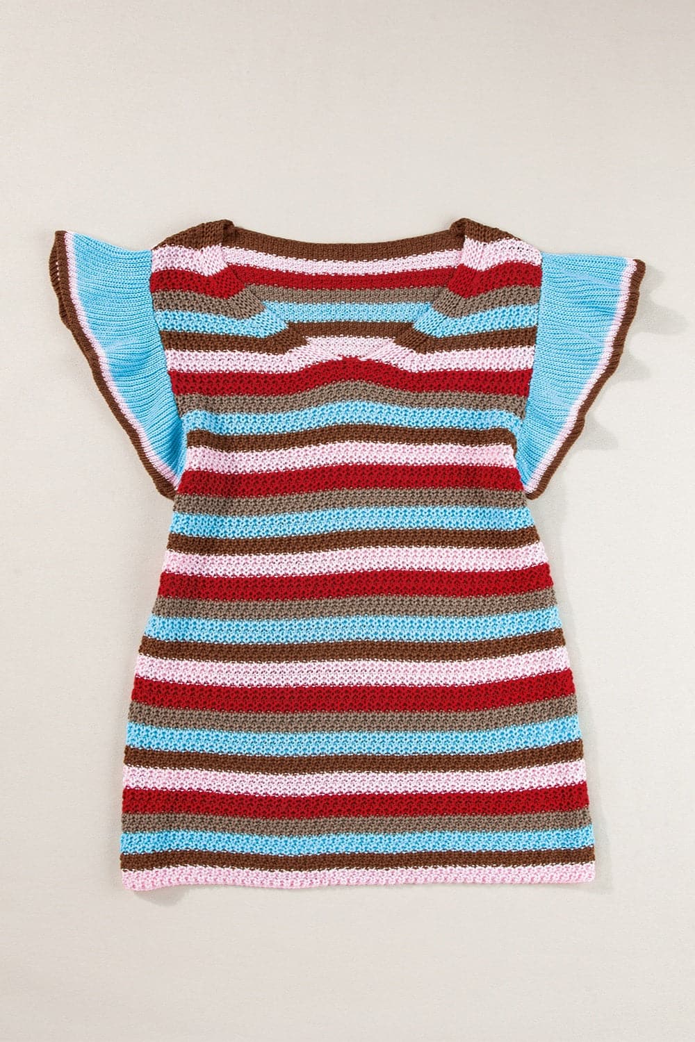 Ruffled Striped V-Neck Cap Sleeve Knit Top.