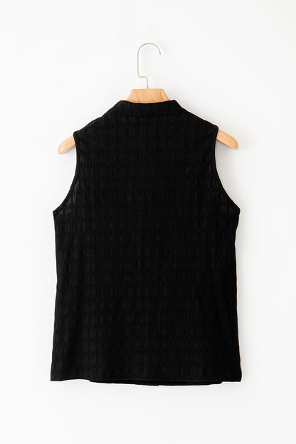 Chic black lattice textured sleeveless split neck top